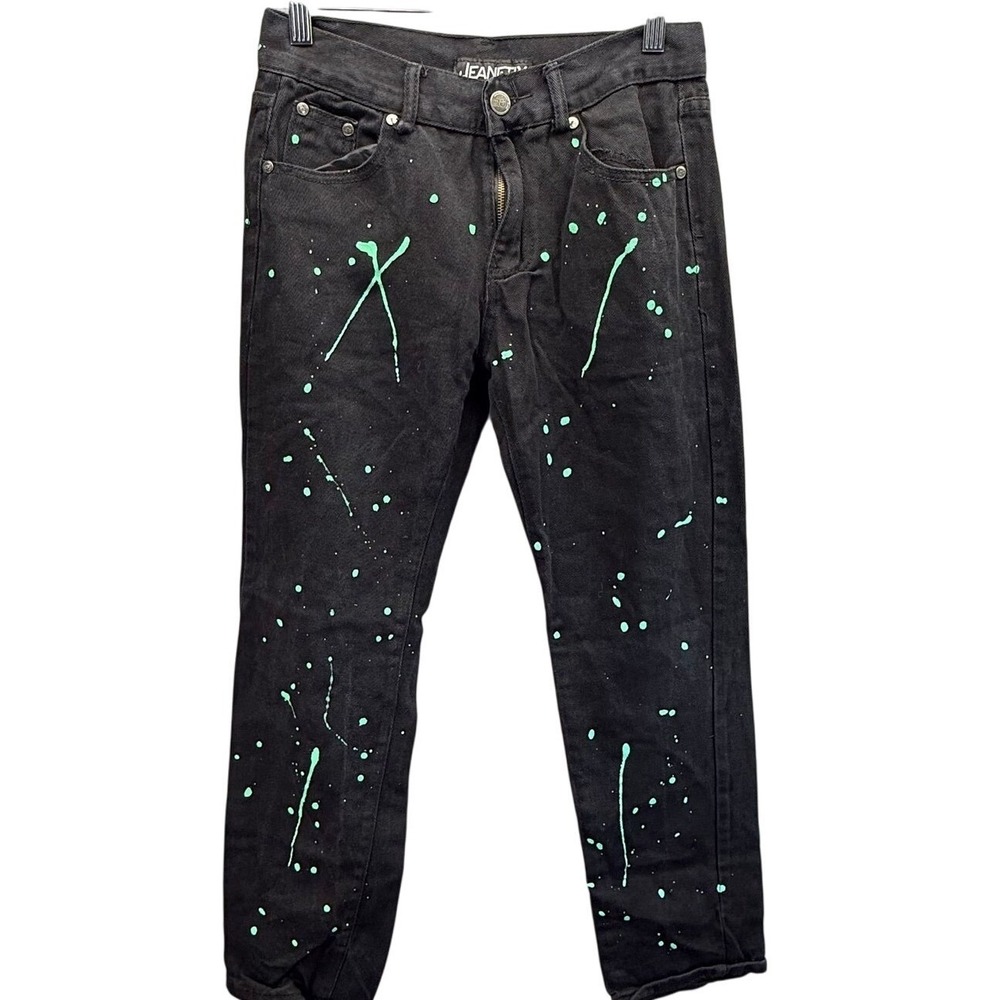 JeanEtix Mens Black Denim Paint Splatter Straight Leg‎ Jeans 18 Streetwear edgy